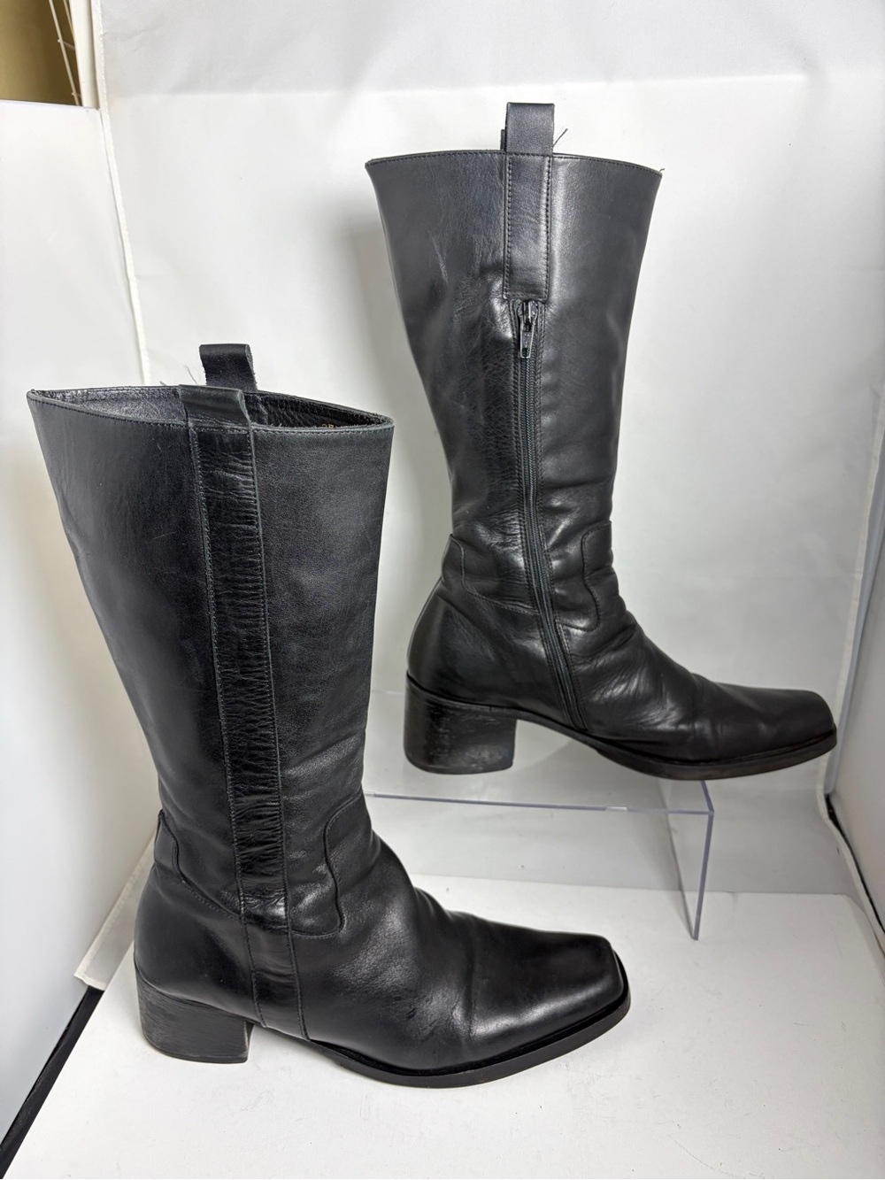 Vintage Tacco Italian Leather Moto Cross Mid-Calf Boots Black 37.5 (Fits US 8)